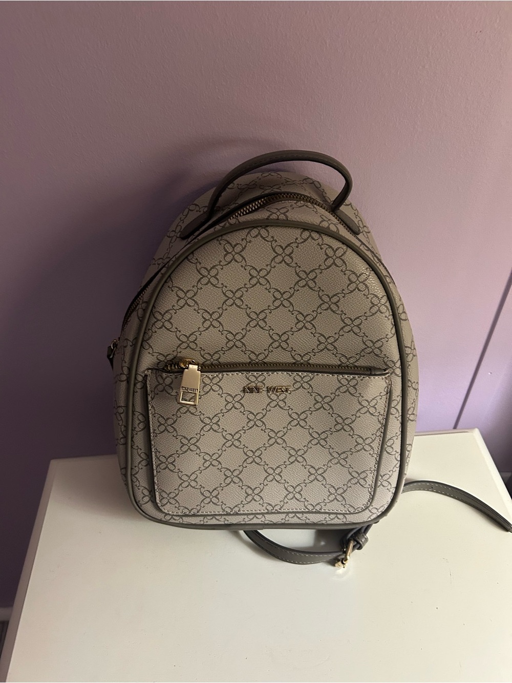 Nine West Gray Monogram Mini Backpack with Gold Hardware